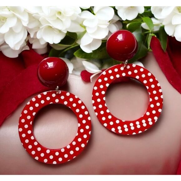 NWT Retro Vintage Red & White Circle Polka Dot Dangle Drop Earrings - Picture 1 of 5